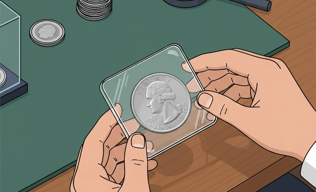 Collector placing an Eleanor Roosevelt quarter into a protective case