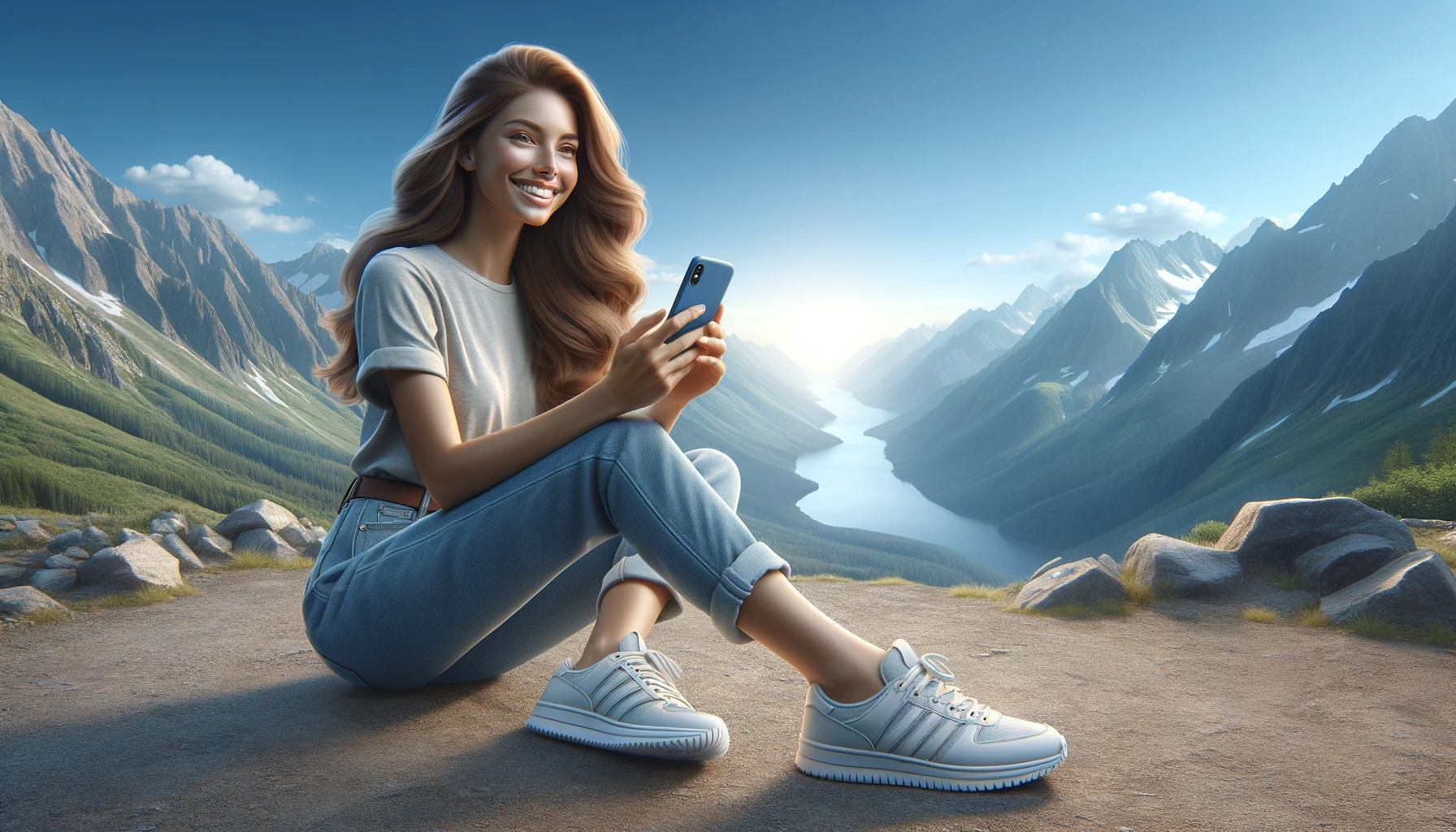 a smiling woman in sneakers holding a phone in her hands while standing in a mountainous landscape.