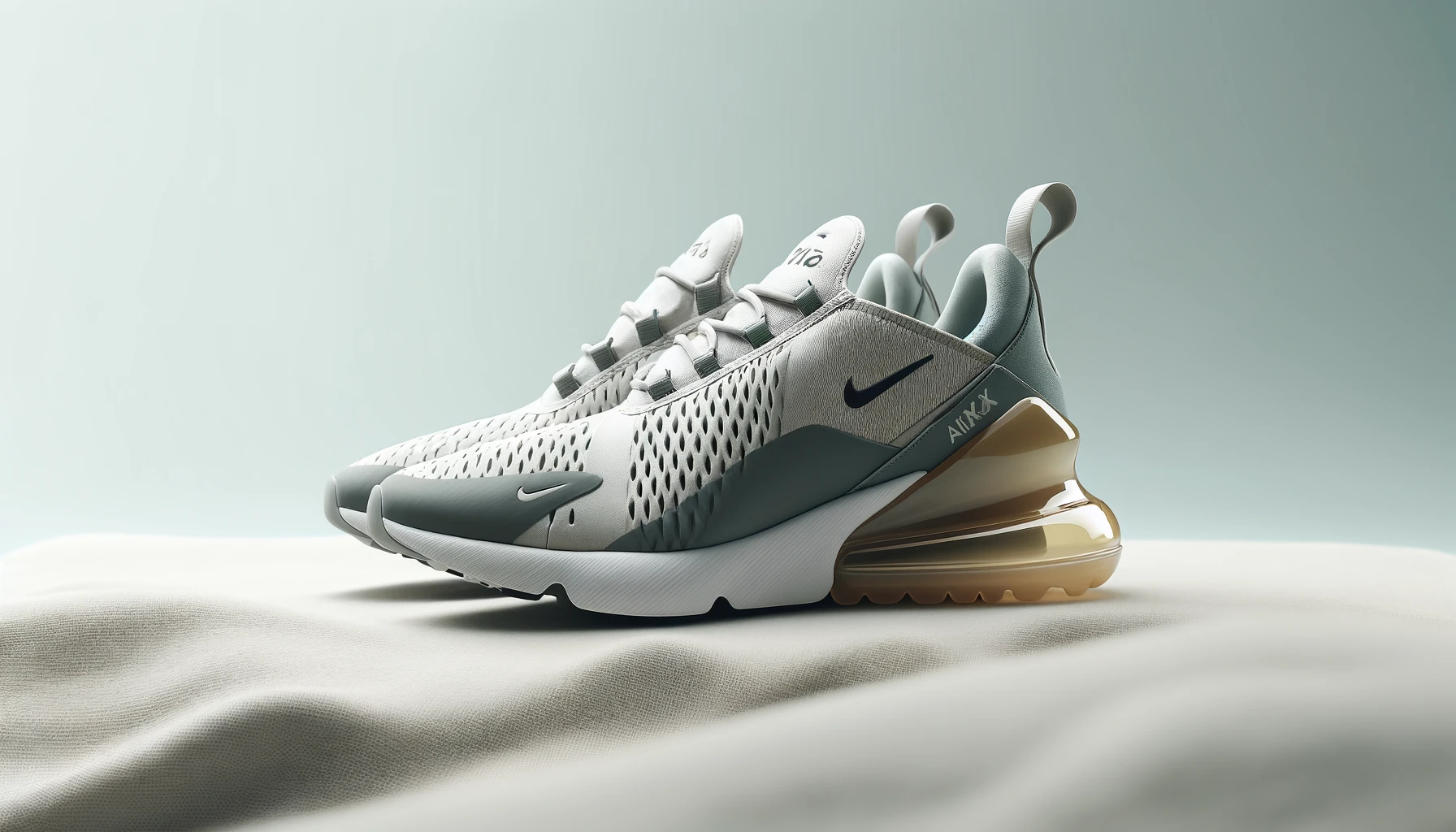a pair of Nike Air Max 270 replica sneakers, focusing on the large Air Max unit in the heel for maximum comfort.