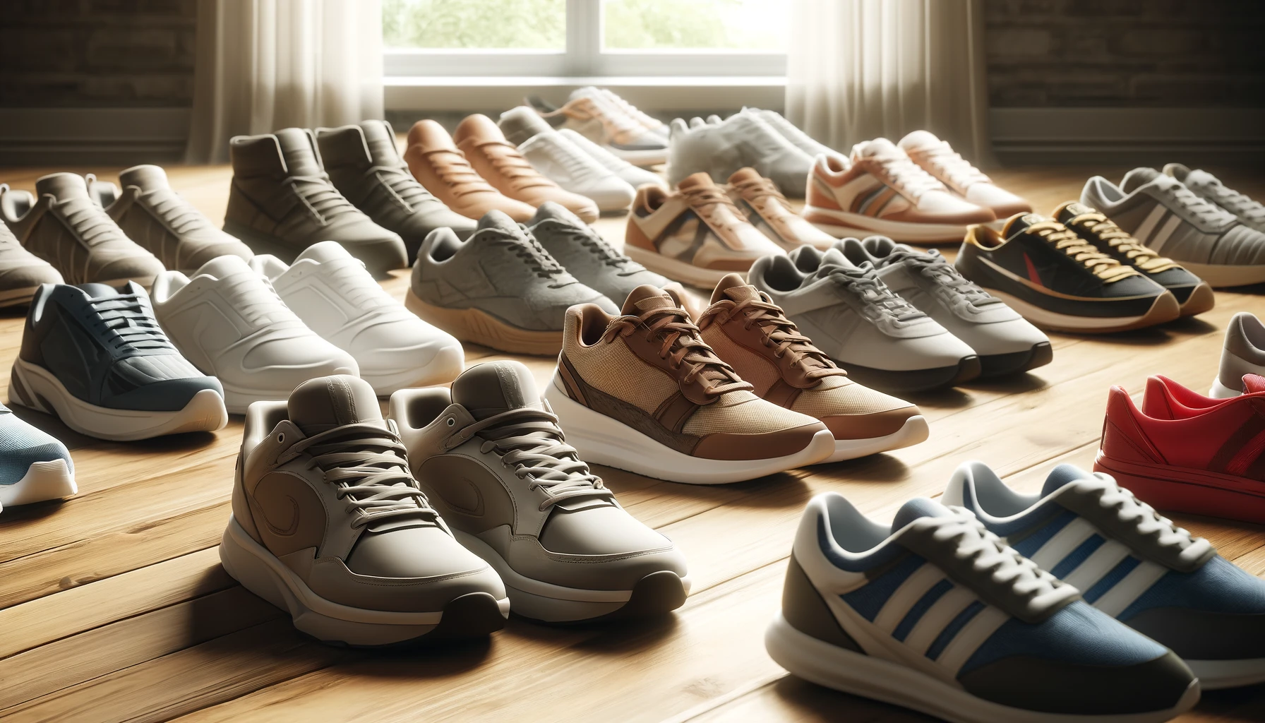 a variety of sneakers laid out on a wooden floor, showcasing different styles and brands.