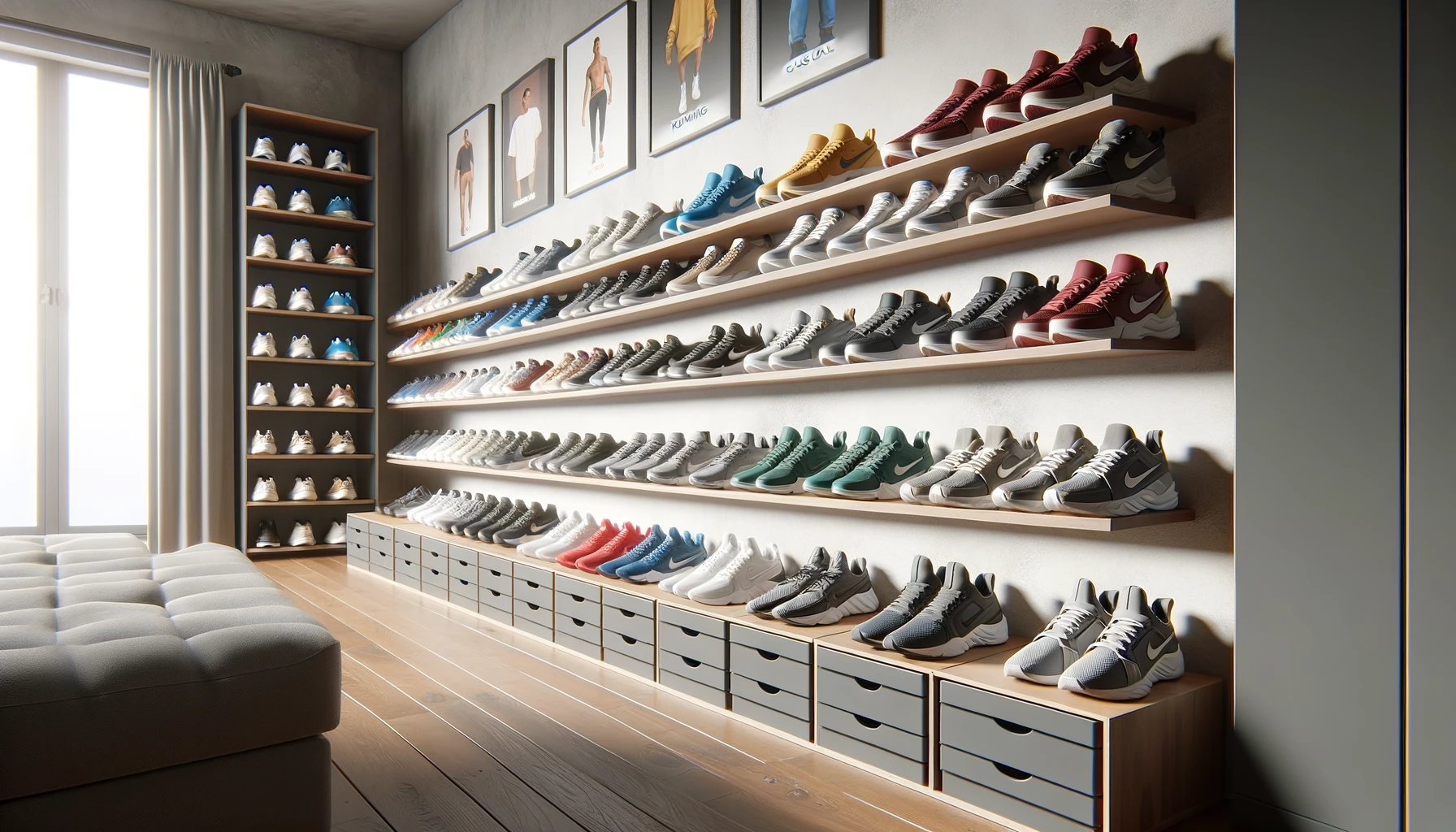 a well-organized sneaker closet with shelves neatly displaying various types of sneakers categorized by function and fit.