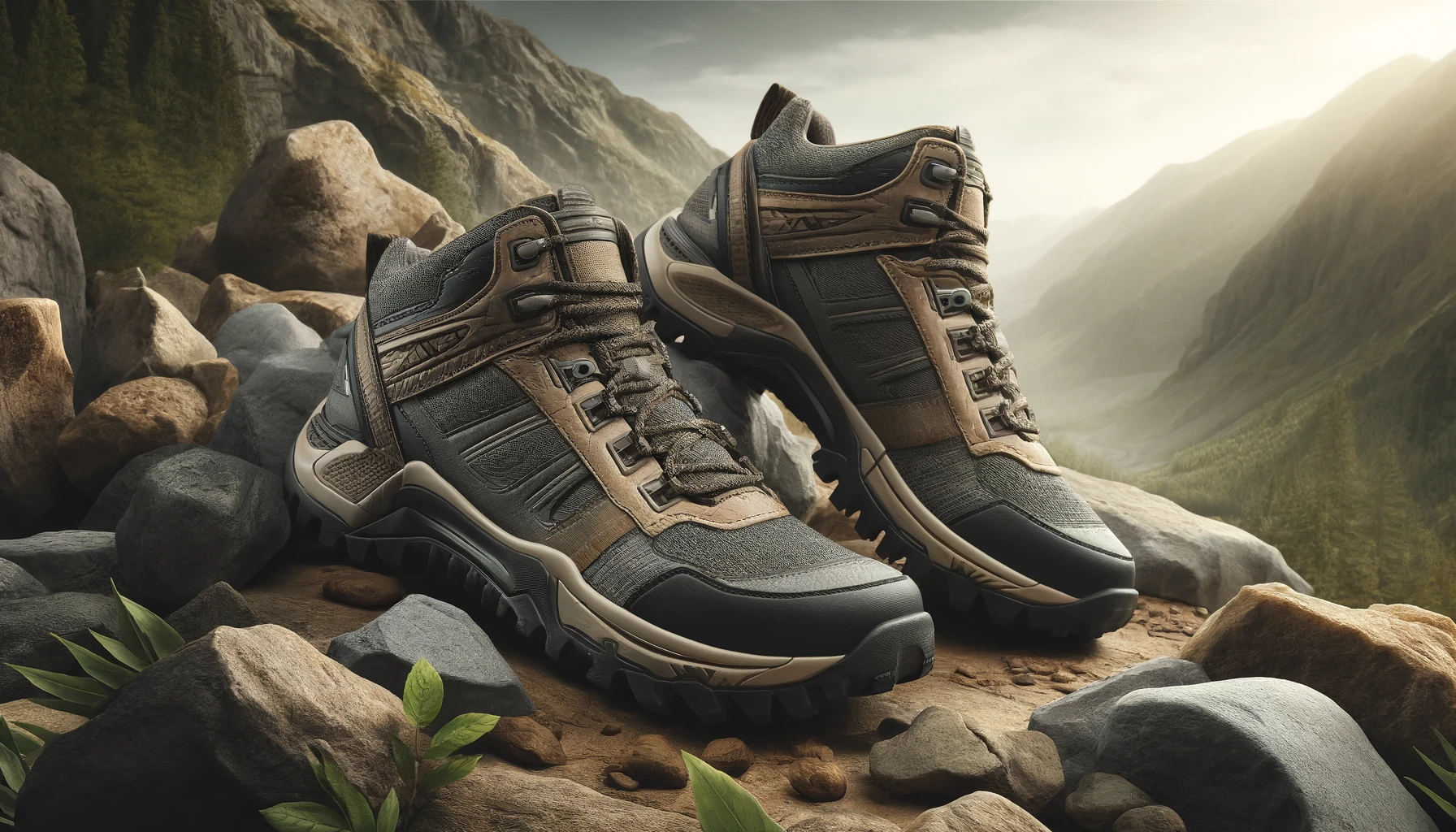 hiking sneakers displayed on a rocky terrain, emphasizing their rugged features suitable for outdoor activities.