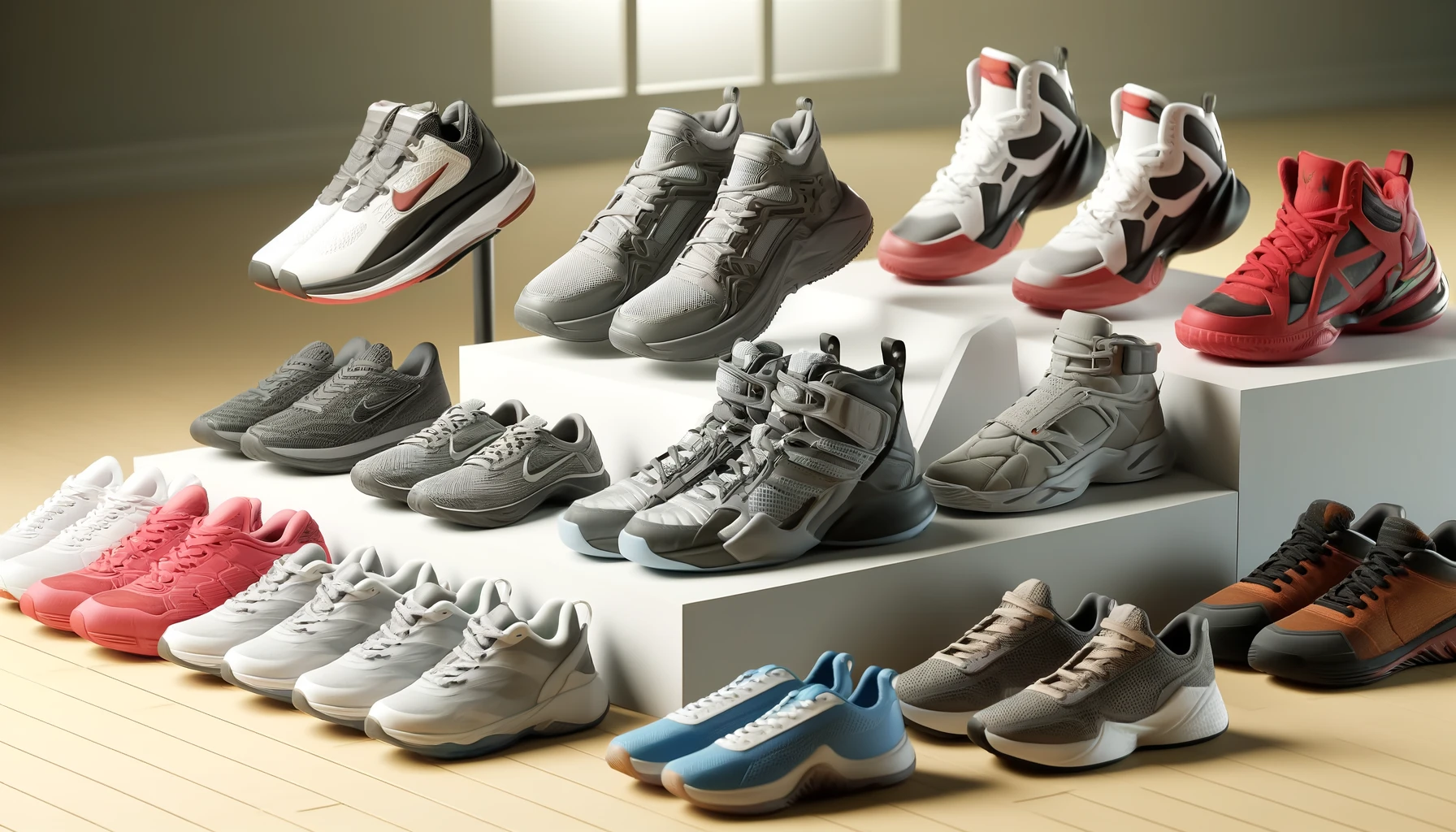 a variety of high-performance sneakers arranged on a gym floor.