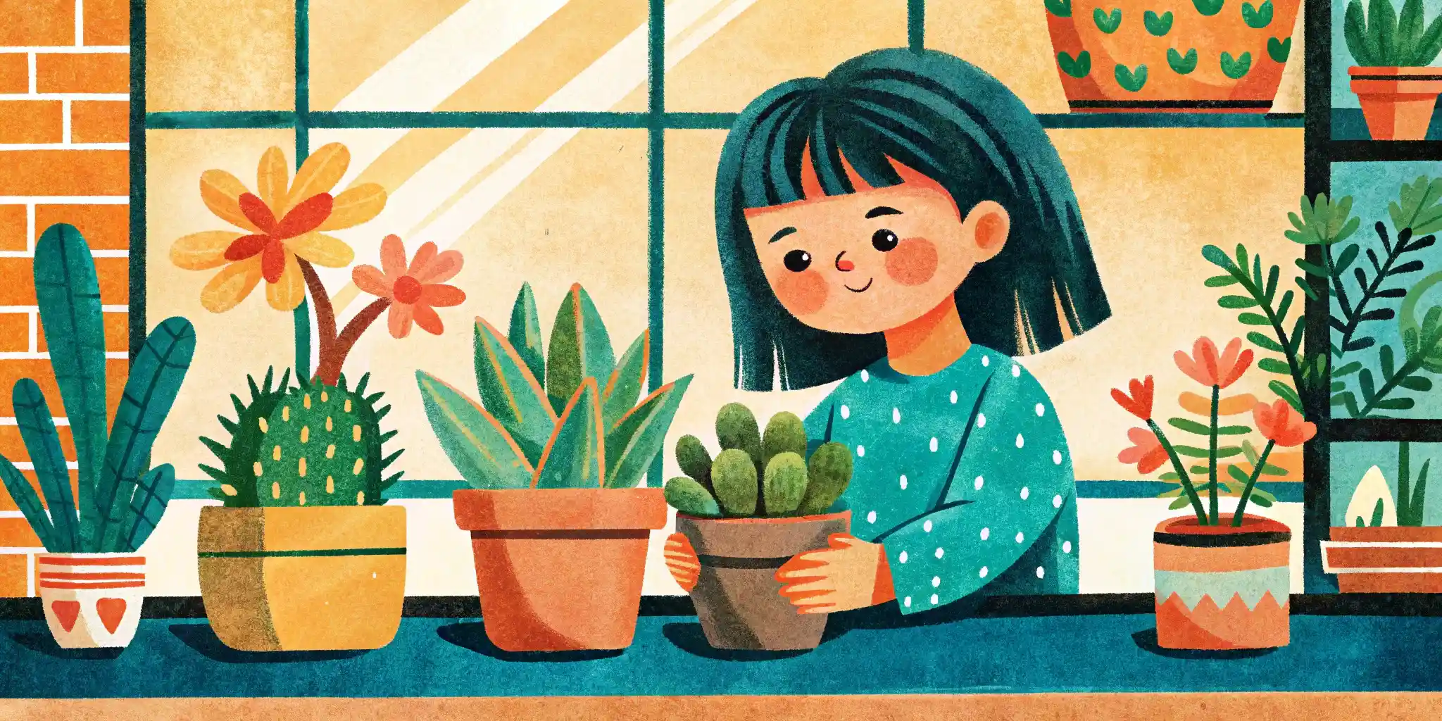 a girl puts a pot of succulents on the windowsill