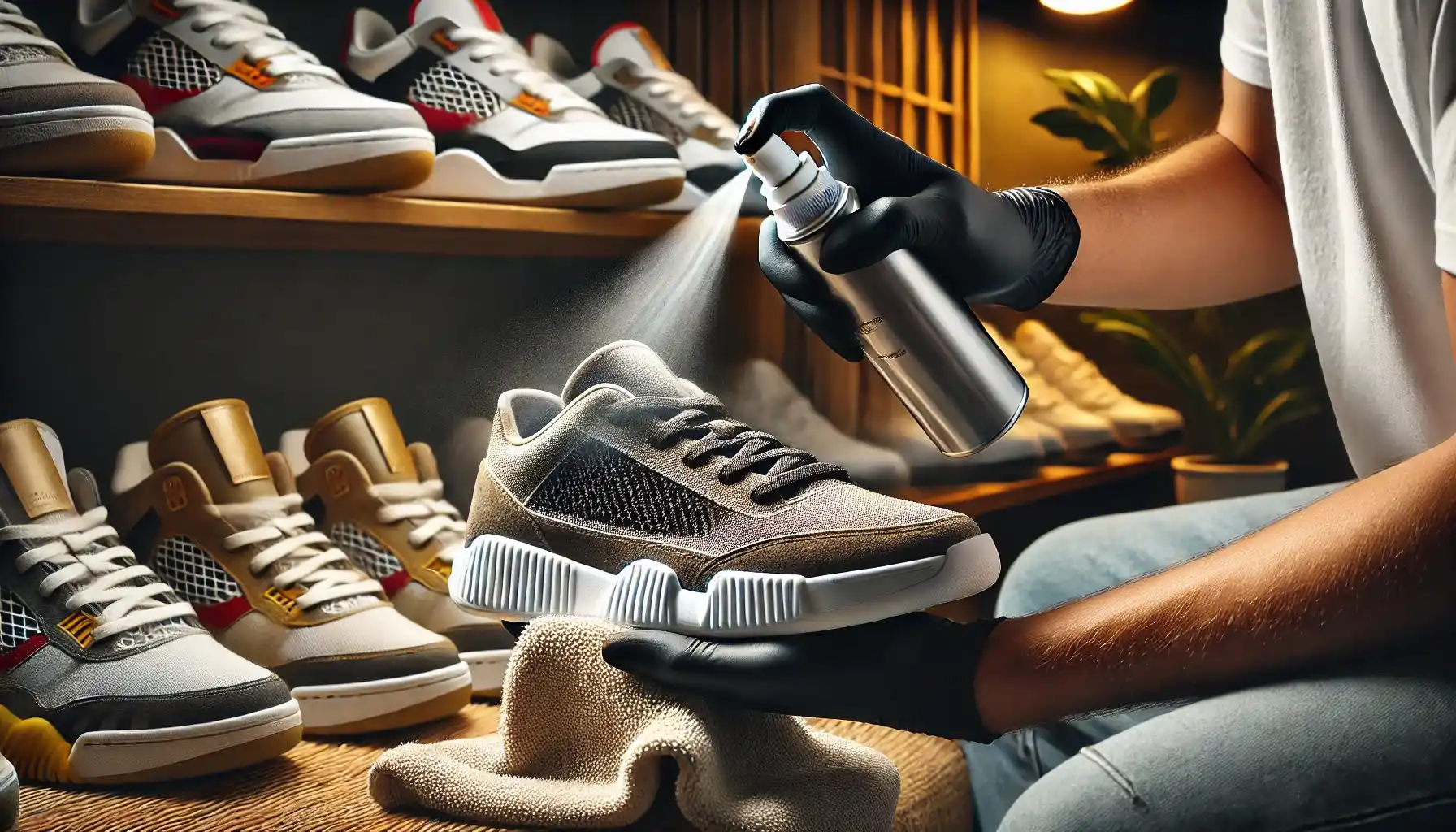 a person applying a protective sneaker spray on a pair of freshly cleaned sneakers.