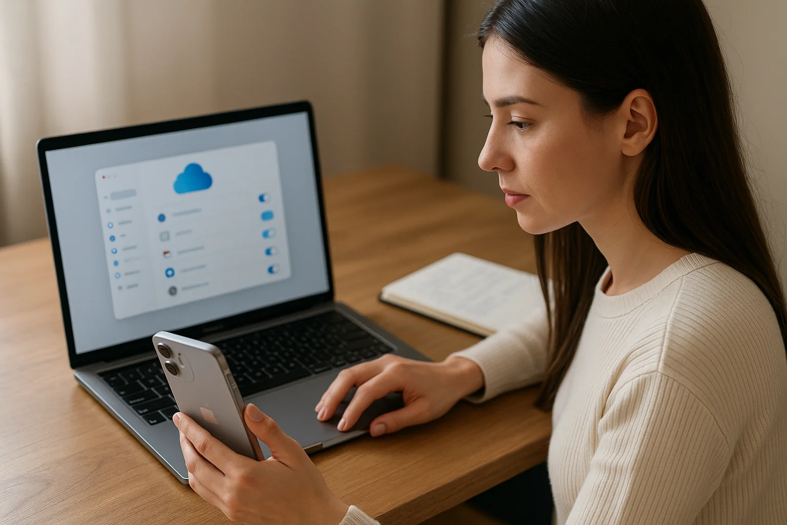 A young woman checks iCloud settings on her MacBook while holding her iPhone, preparing both devices for smooth location switching.